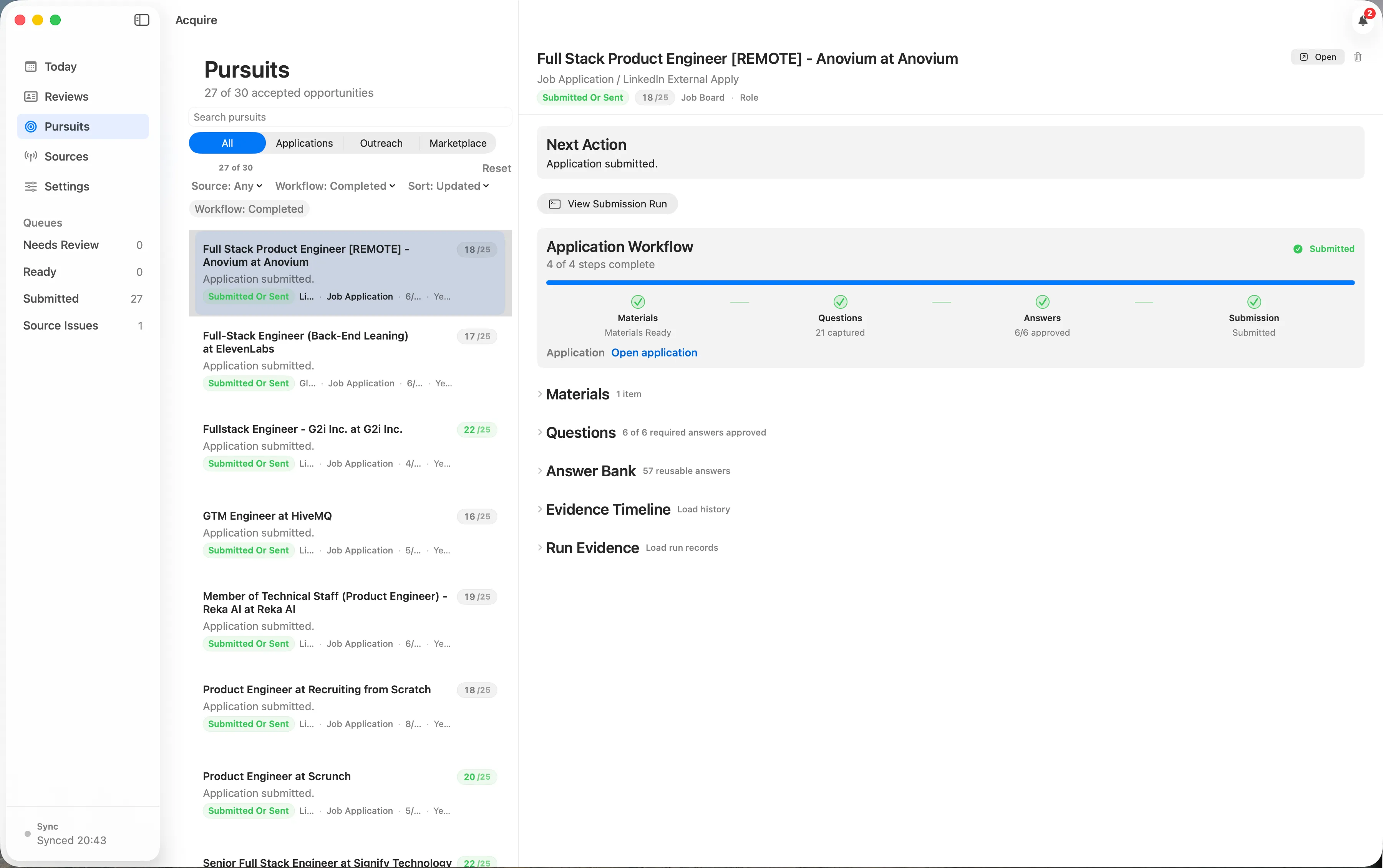 Acquire macOS command center showing the Pursuits workflow for submitted applications.