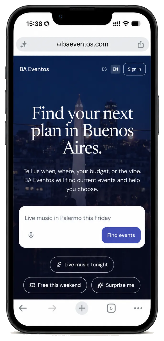 BA Eventos AI event discovery experience for Buenos Aires.