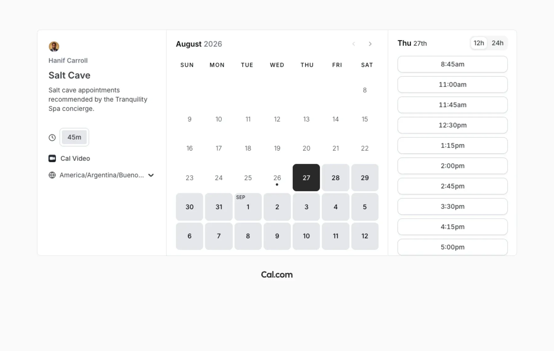 Cal.com Salt Cave booking page showing a 45-minute service, calendar dates, and available appointment times.