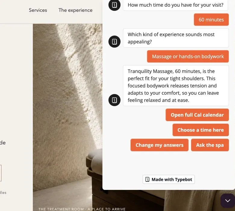 Published Tranquility Spa concierge recommending a 60-minute massage before showing booking and staff-help actions.