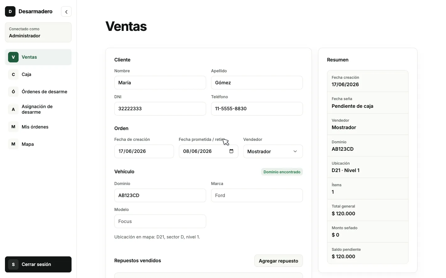 Desarmadero operations prototype showing the counter-sales workflow and live order summary.