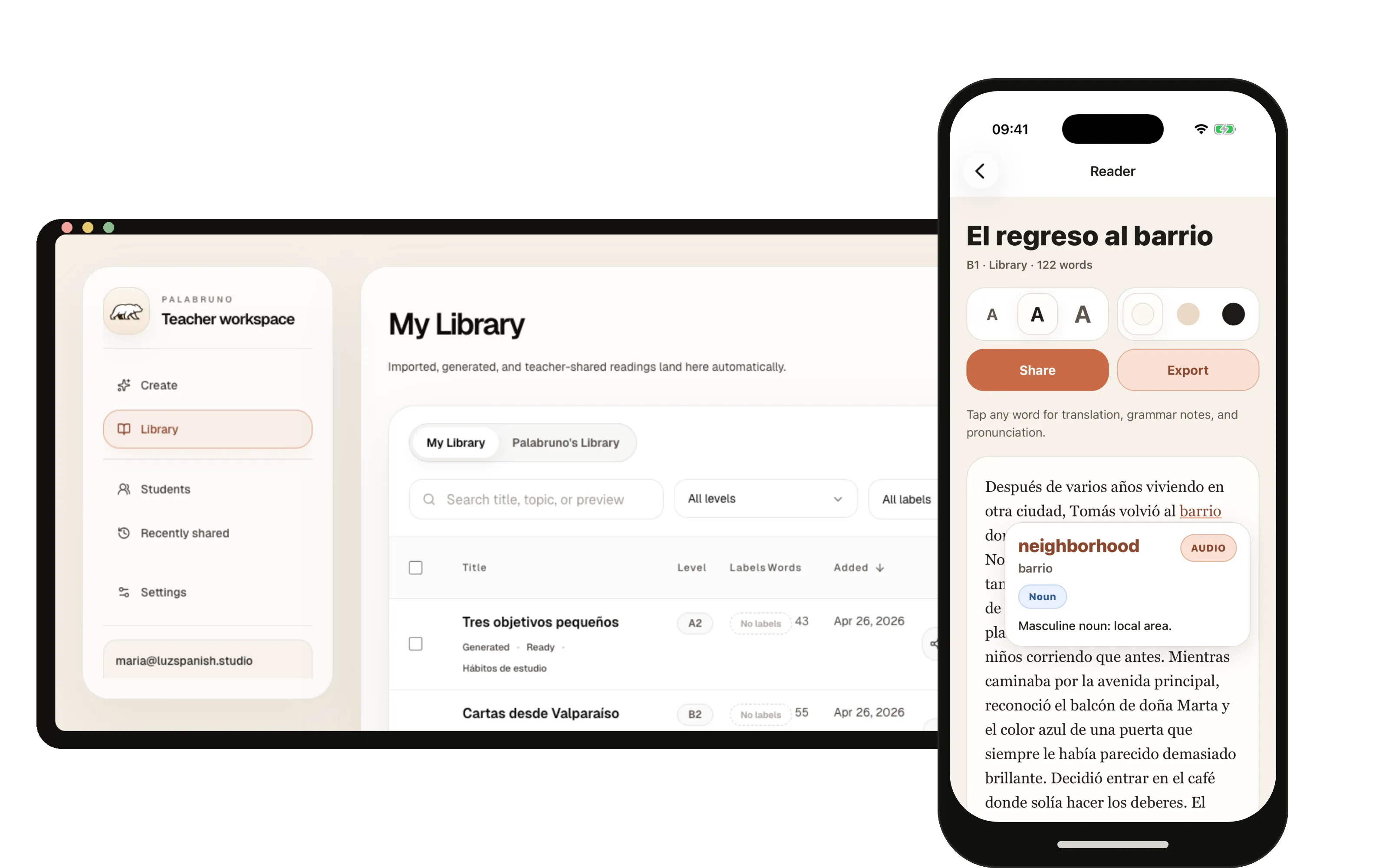Palabruno reading product for Spanish learners and teachers.