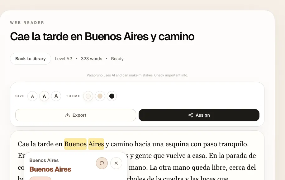 Palabruno web reader with an inline vocabulary support card.
