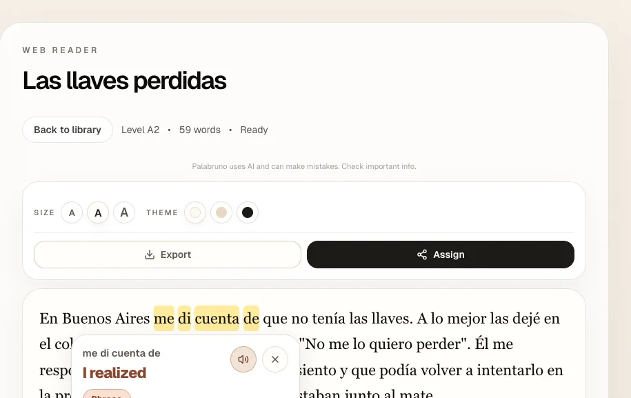 Palabruno web reader with an inline fixed-expression explanation.