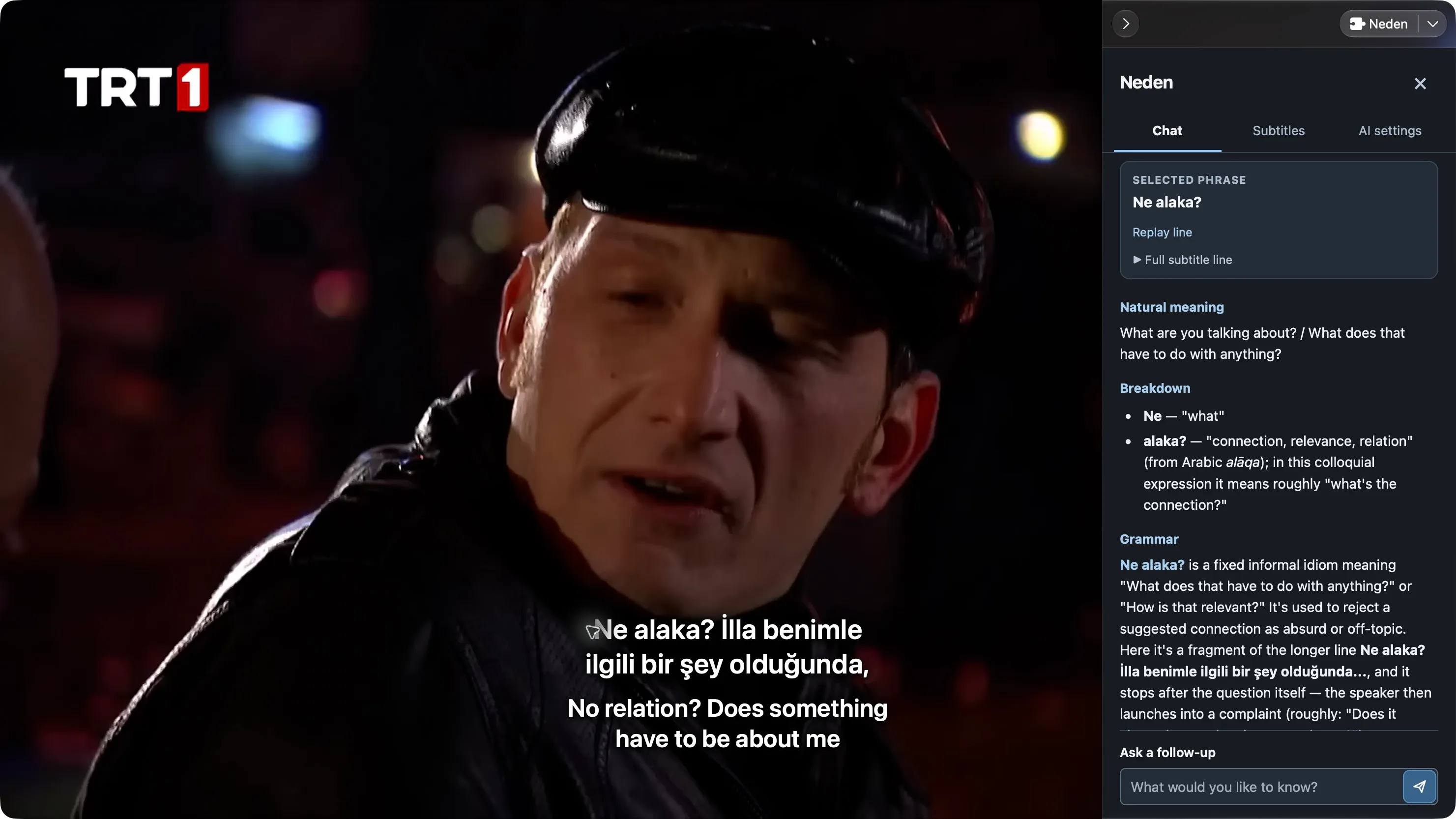 Neden explaining a Turkish subtitle phrase beside the video in IINA.