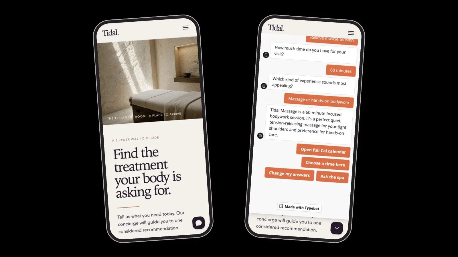 Tidal Spa Concierge guest and staff workflow shown on mobile screens.