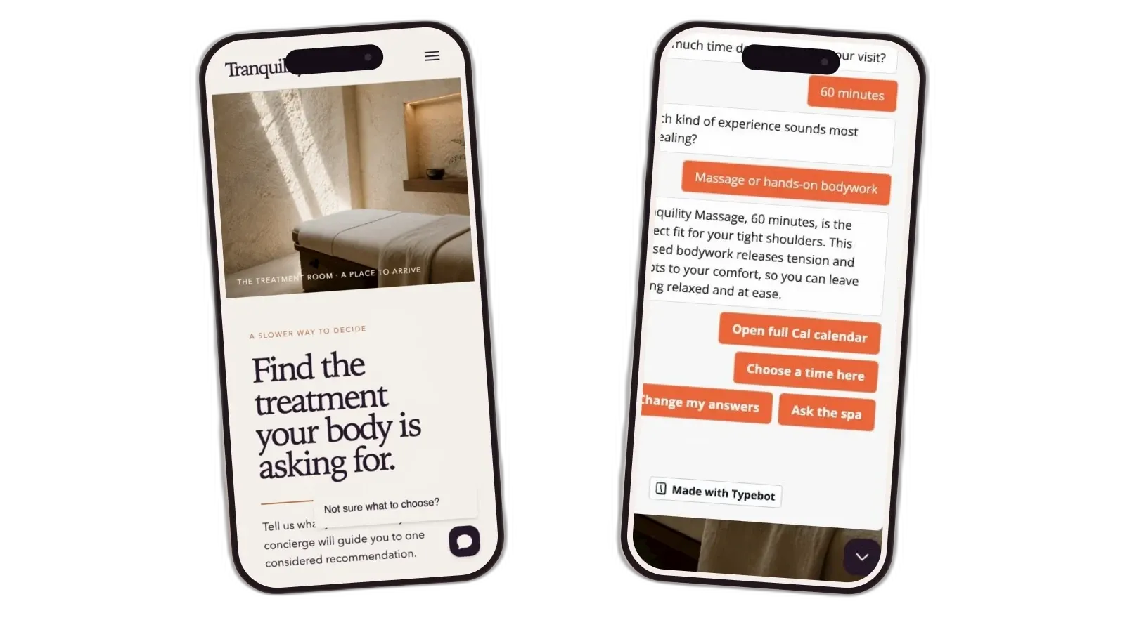 Tranquility Spa Concierge guest and staff workflow shown on mobile screens.