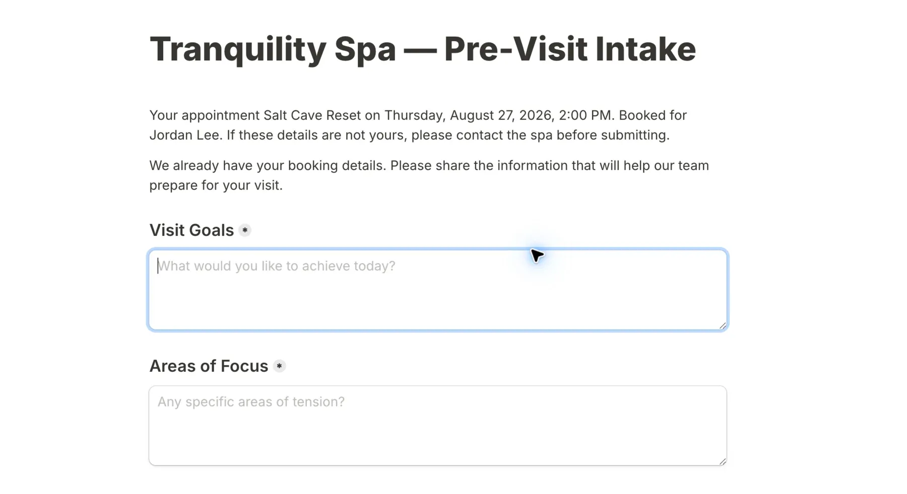 Tally pre-visit intake form for a Salt Cave Reset appointment with visit goals and areas-of-focus fields.