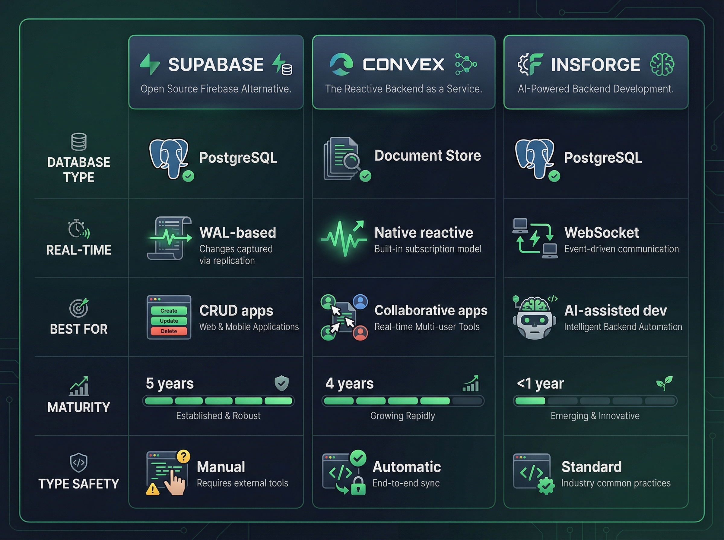 Comparison chart infographic - Supabase vs Convex vs InsForge
