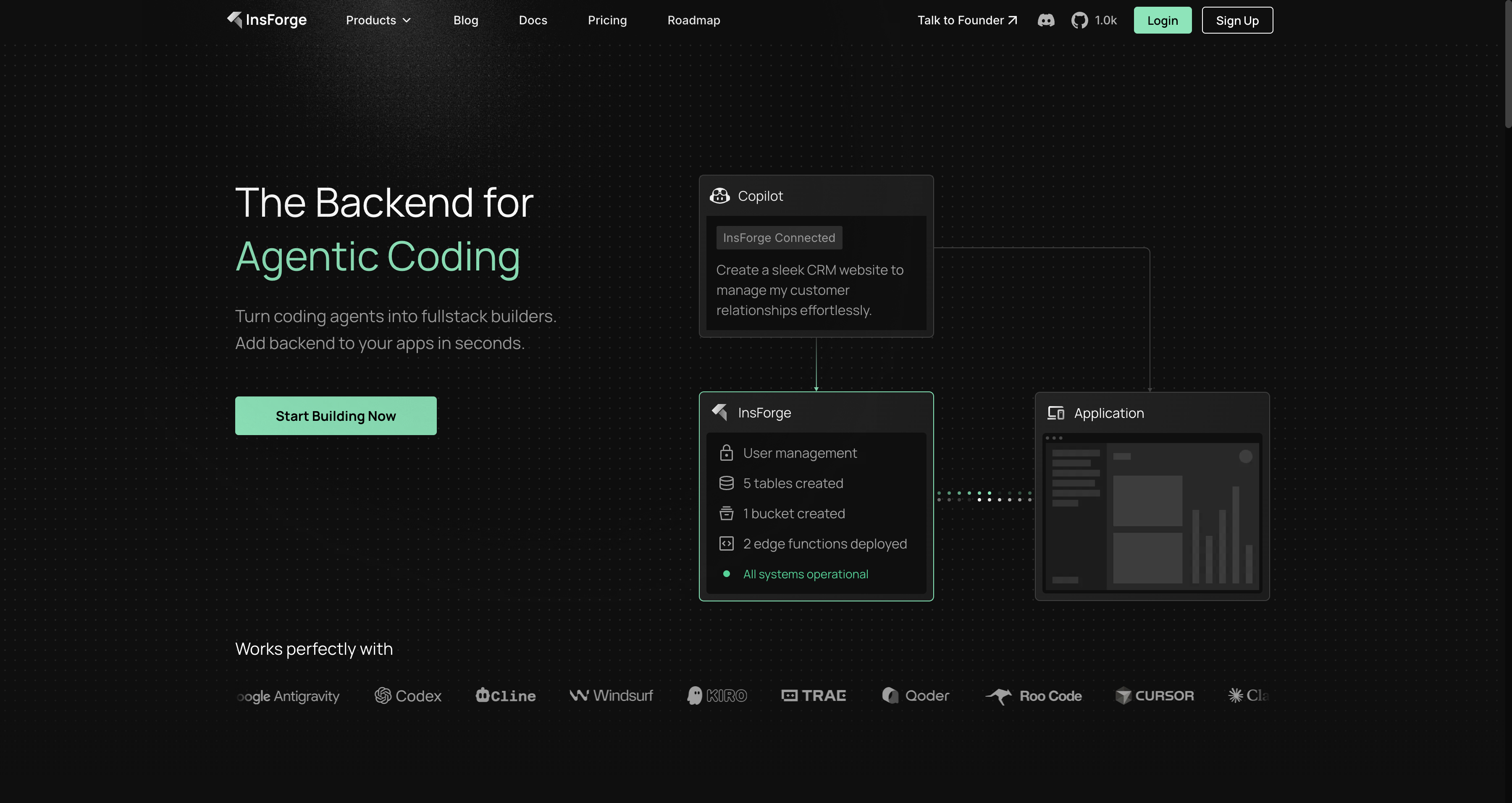 InsForge homepage showing AI-native backend features