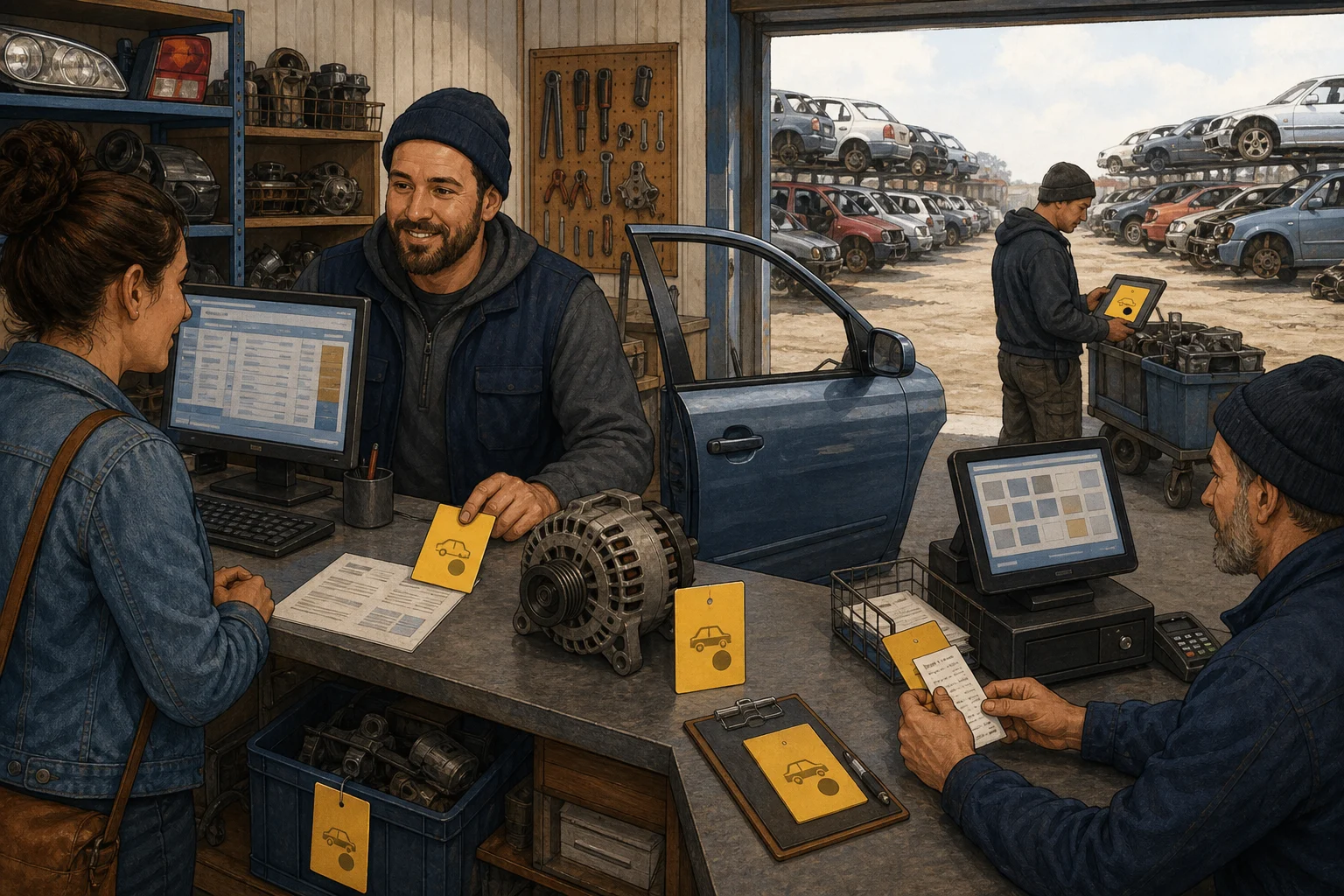 Editorial illustration of an auto-dismantling yard operation. A customer and seller discuss an alternator at the counter, a cashier checks the payment, and a dismantler uses a tablet beside donor vehicles. Matching yellow order cards connect the sale, payment, part, and assigned work.